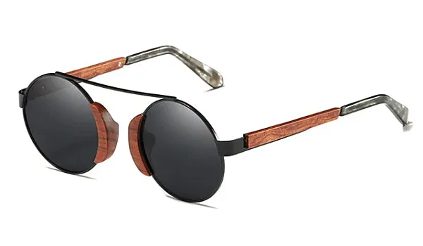 Classy Men Black Round Wood Sunglasses