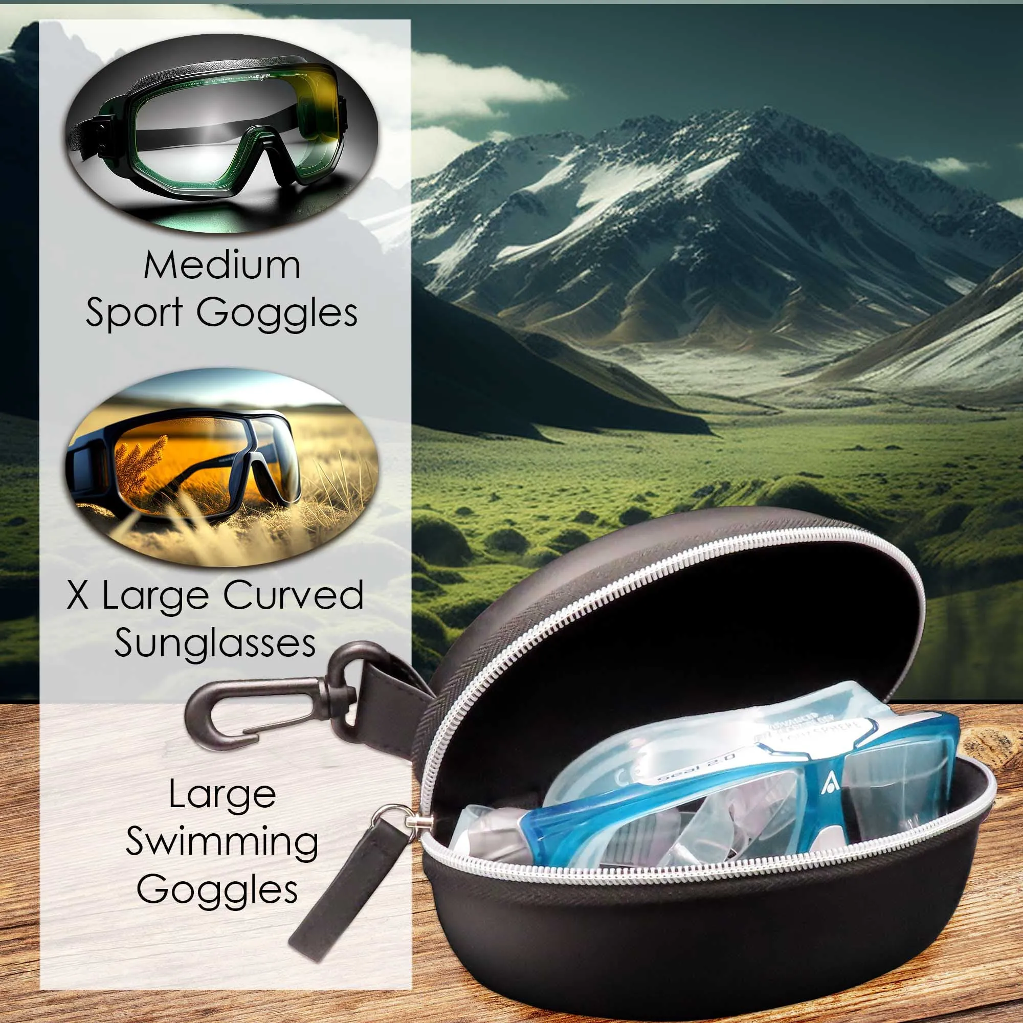 Extra Large Sunglasses case, EVA Zipper Snow Goggles - Semi Hard Glasses Case Compact & Lightweight with belt Clip and cloth (B701 XL Blk & Grey)