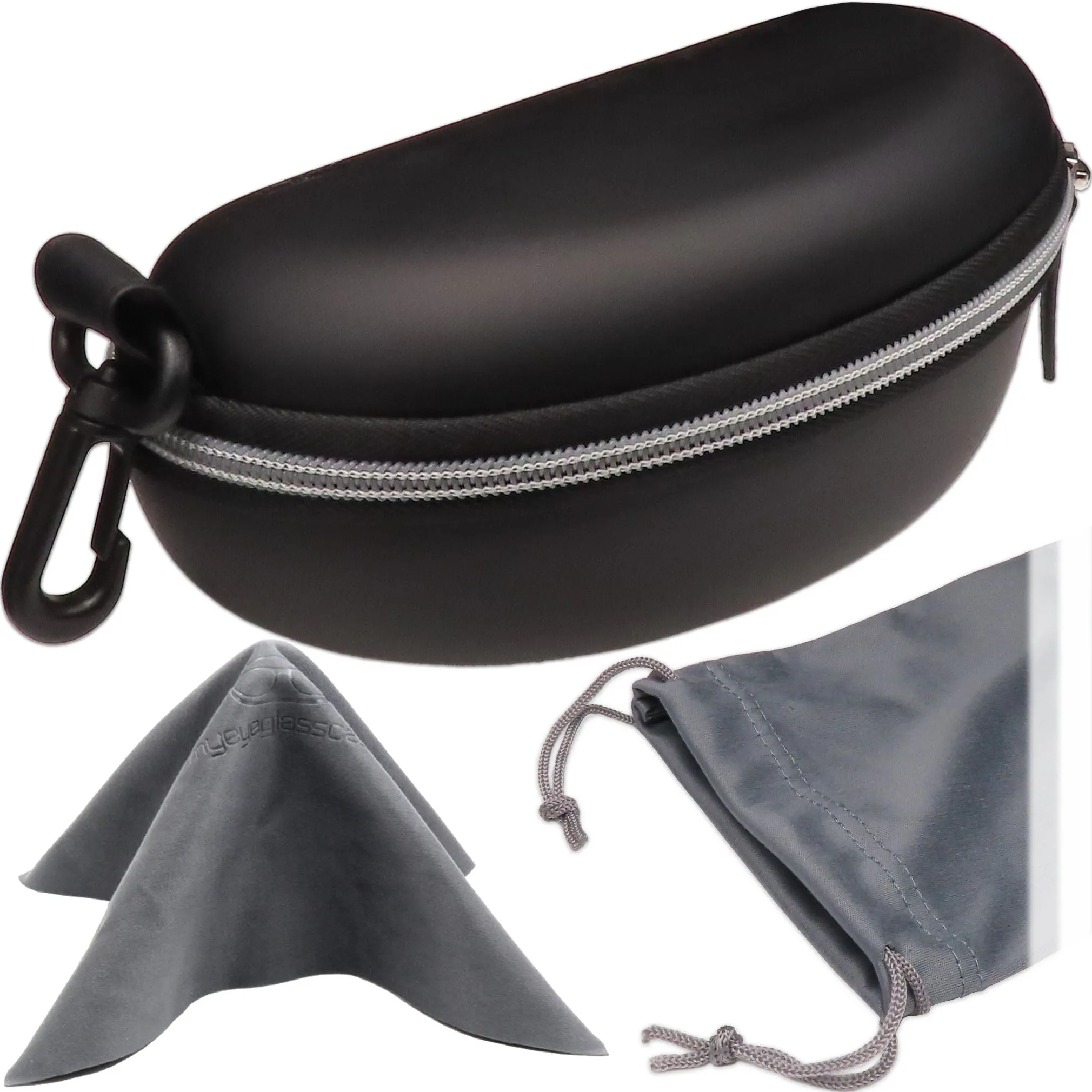 Extra Large Sunglasses case, EVA Zipper Snow Goggles - Semi Hard Glasses Case Compact & Lightweight with belt Clip and cloth (B701 XL Blk & Grey)