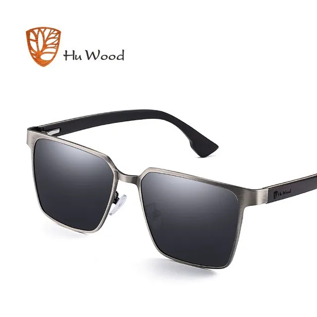 Hu Wood Brand Men's Square Metal Frame Sunglasses Spring Wood Temple With Polarized Lenses 4 Colors Gr8037