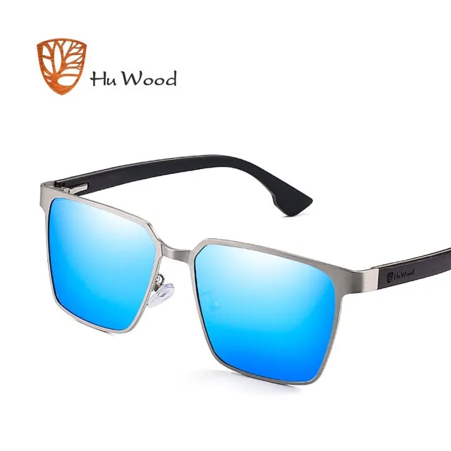 Hu Wood Brand Men's Square Metal Frame Sunglasses Spring Wood Temple With Polarized Lenses 4 Colors Gr8037