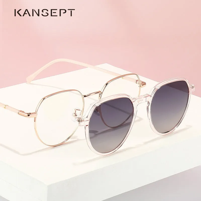 Kansept Women's Full Rim Round Cat Eye Alloy Eyeglasses Clip On Sunglasses