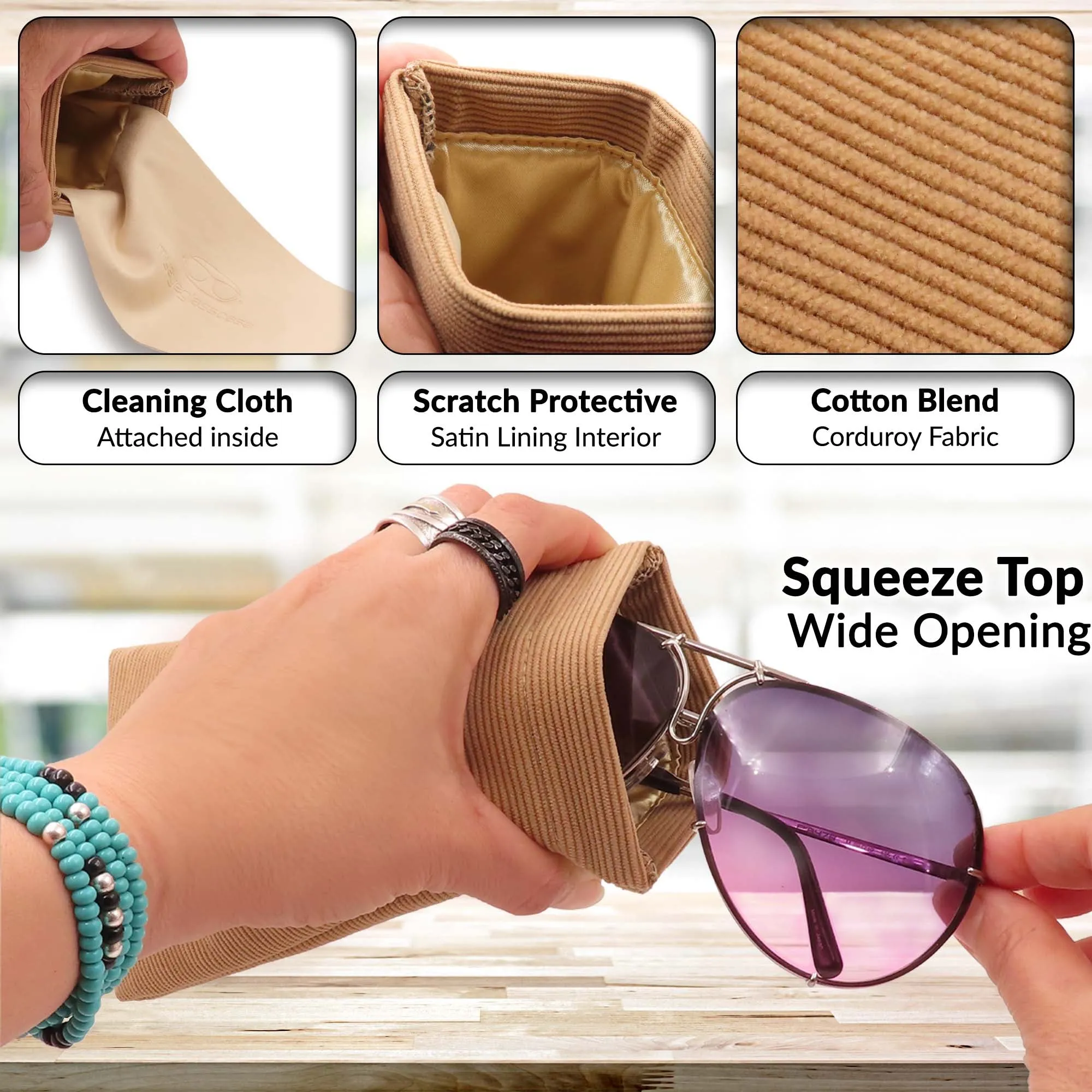 Large Soft Sunglasses Pouch, Soft Squeeze Top Case Eyeglasses Case w/ Cloth- Smartphone case (CT8 Corduroy Beige)