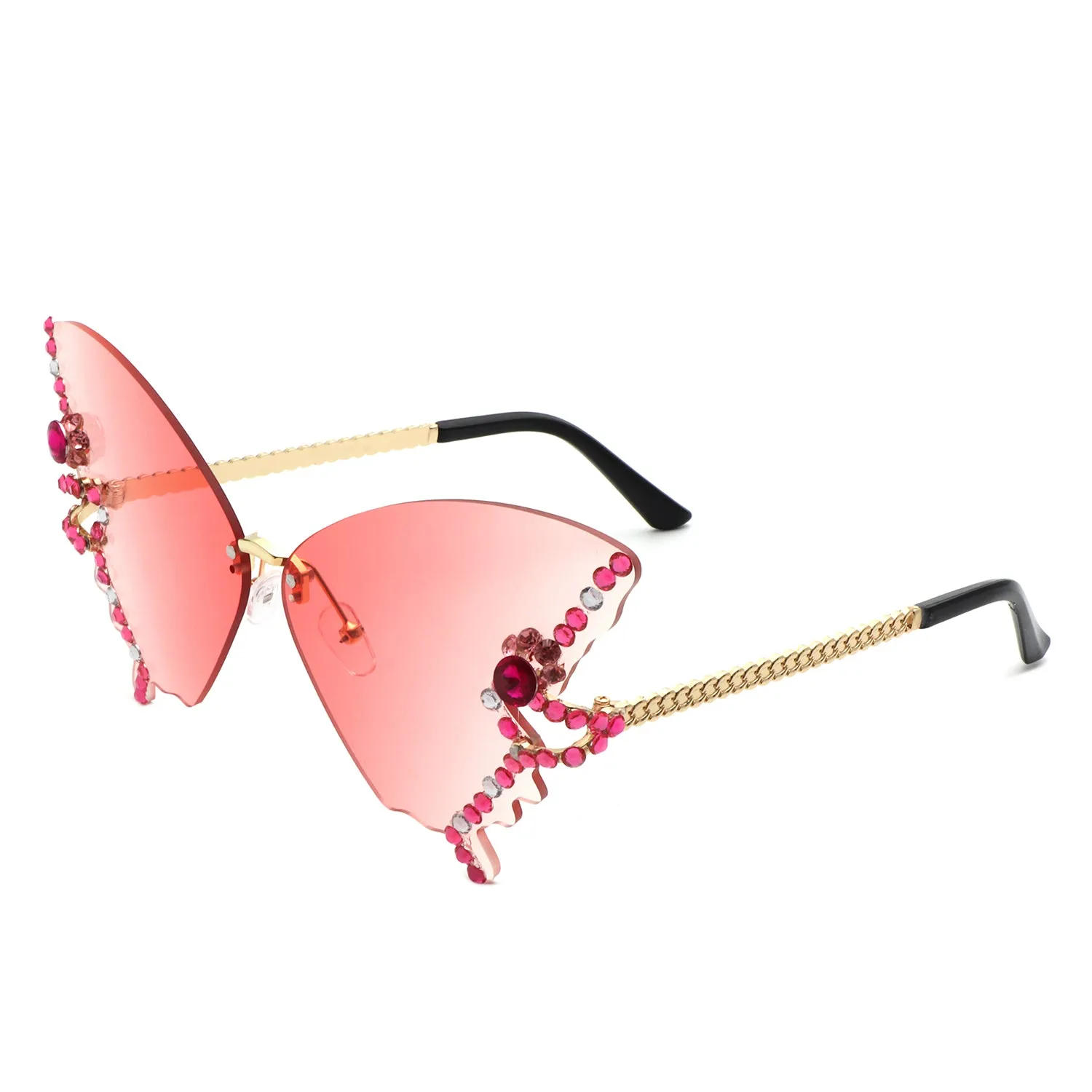 Lyrin - Rimless Oversize Rhinestone Butterfly Women Fashion Sunglasses