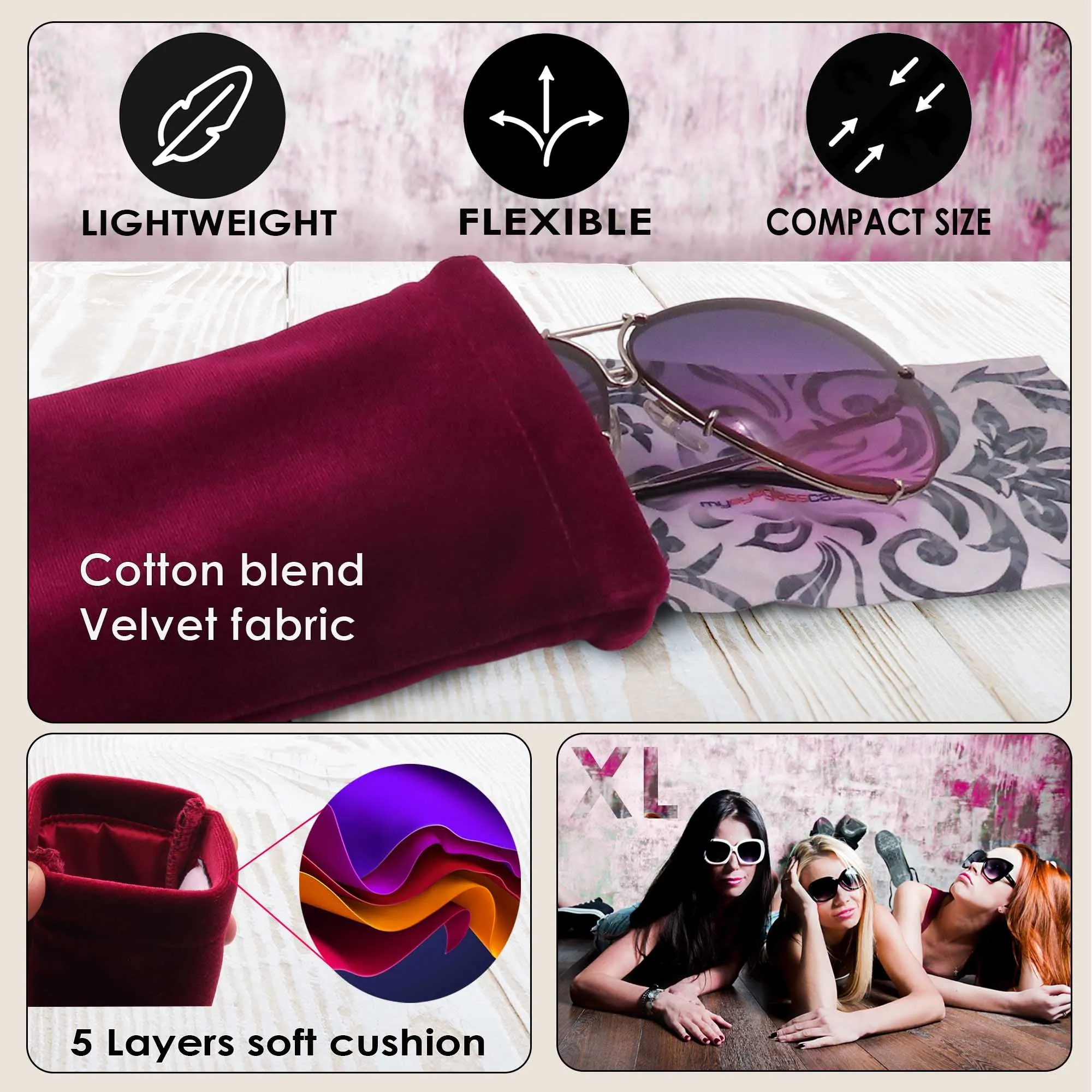 Soft Sunglasses Case Squeeze Top | Velvet Large Eyeglass Pouch - Glasses Holder | Passport / Earbud & Phone Storage Case (CT8 Velvet)