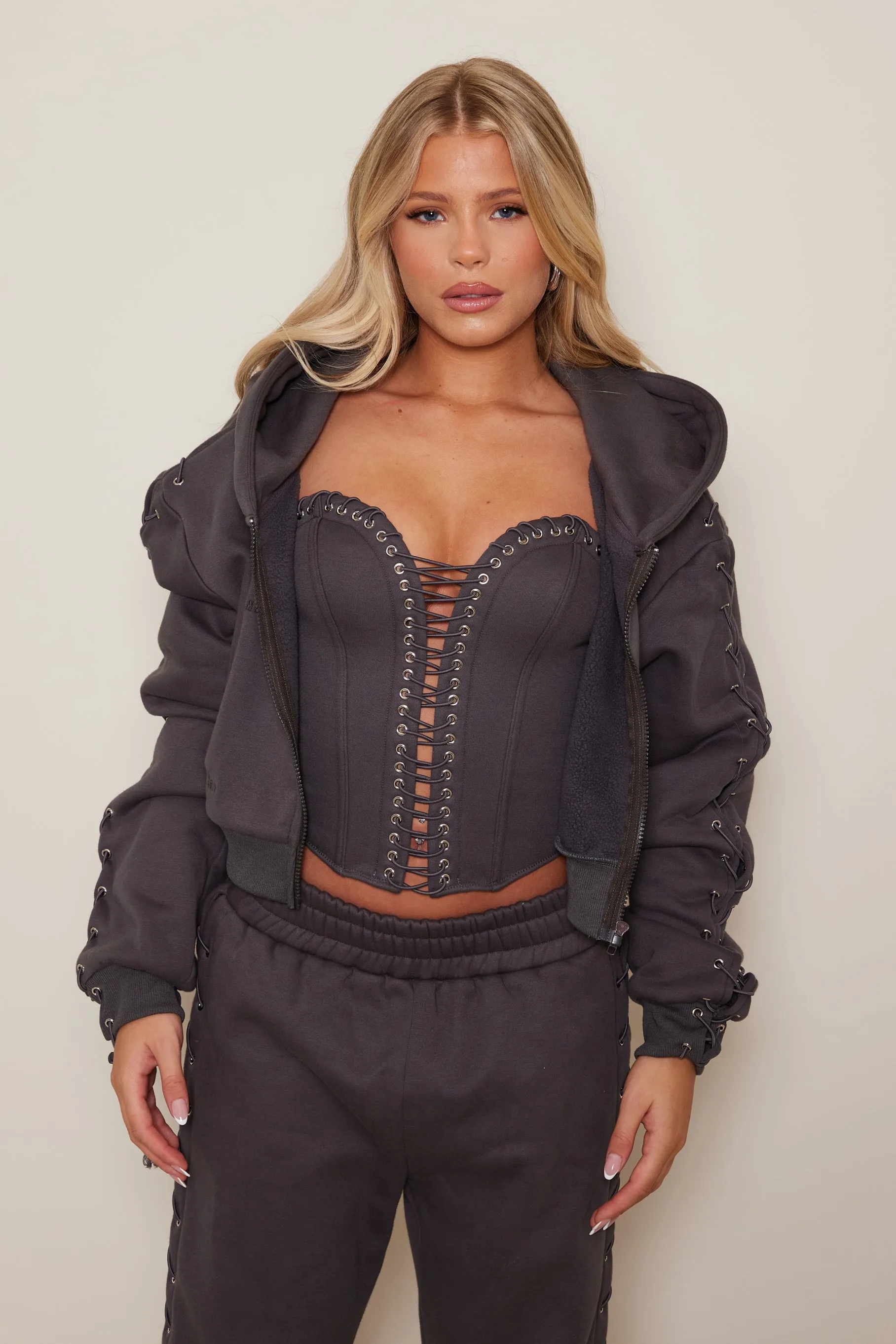 The Lace trim jersey corset- Charcoal