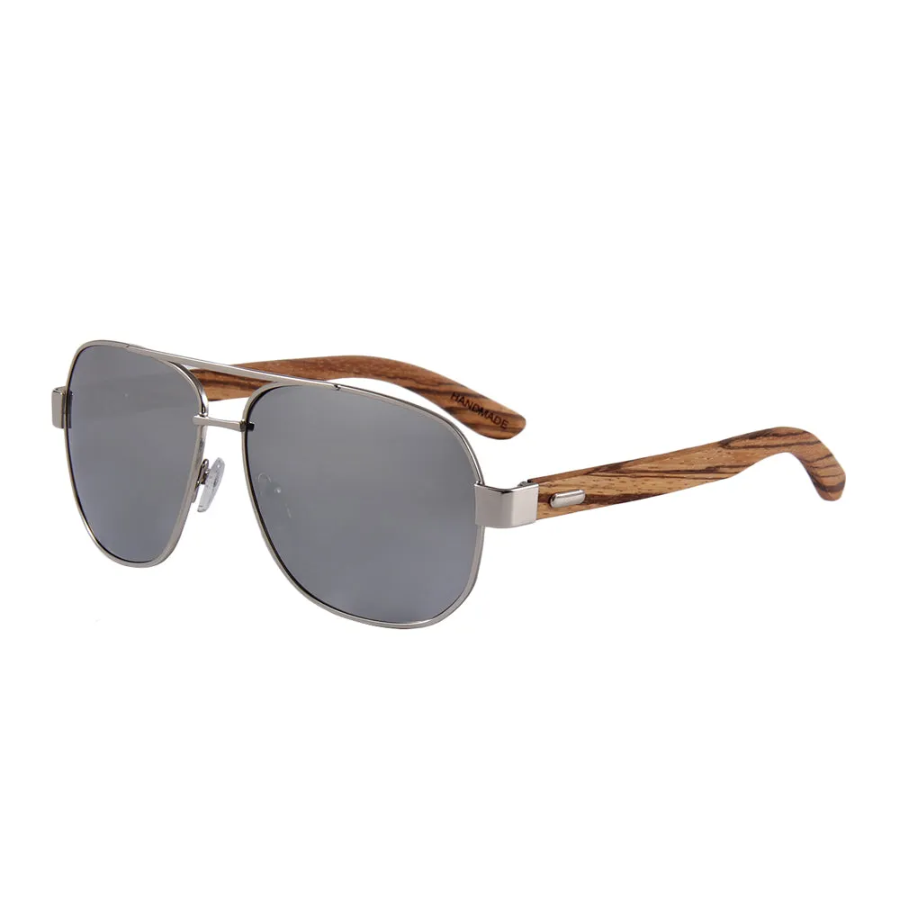 Zebra Wood Silver Framed Square Aviator Sunglasses by WUDN